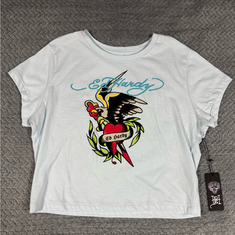 Ed Hardy Women’s T Shirt Tee Short Sleeve Blue Eagle Heart Lightweight Blue XL